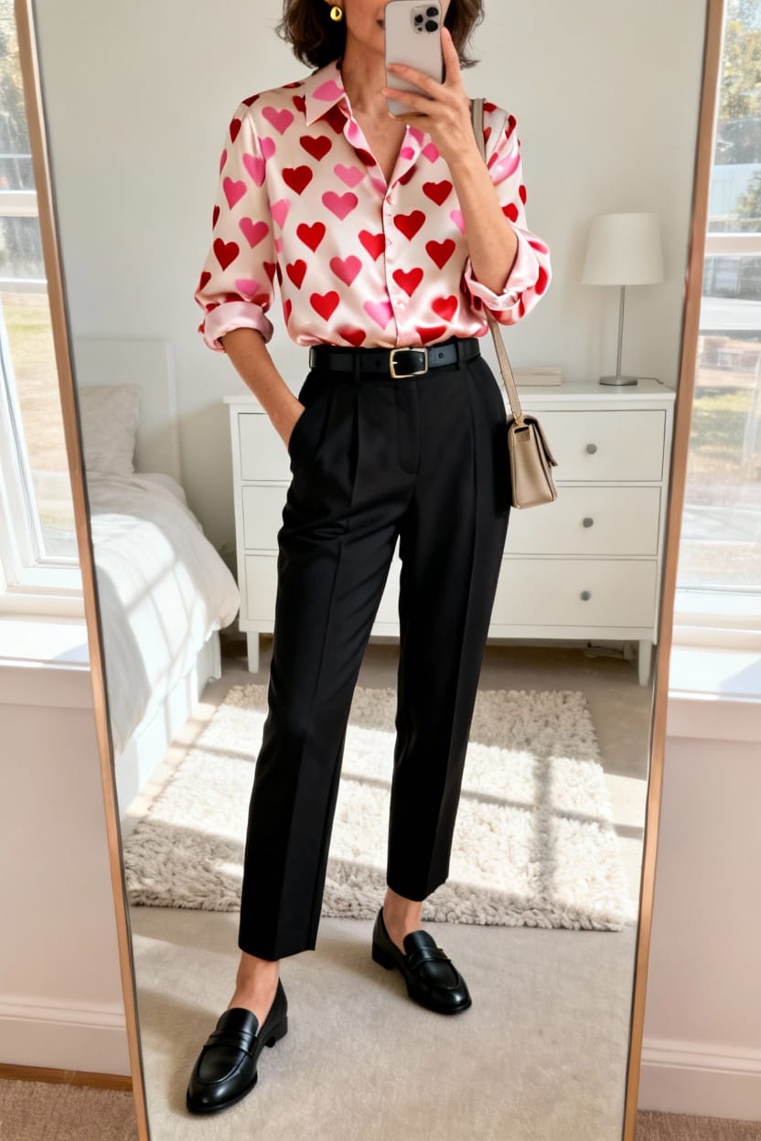 Heart-Print Blouse with Black Trousers