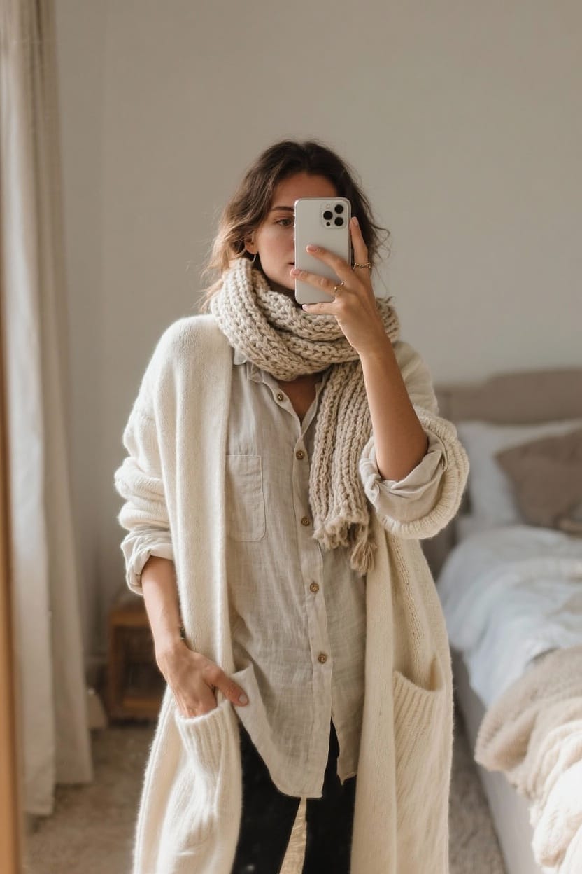 Layered button-ups with an oversized cardigan