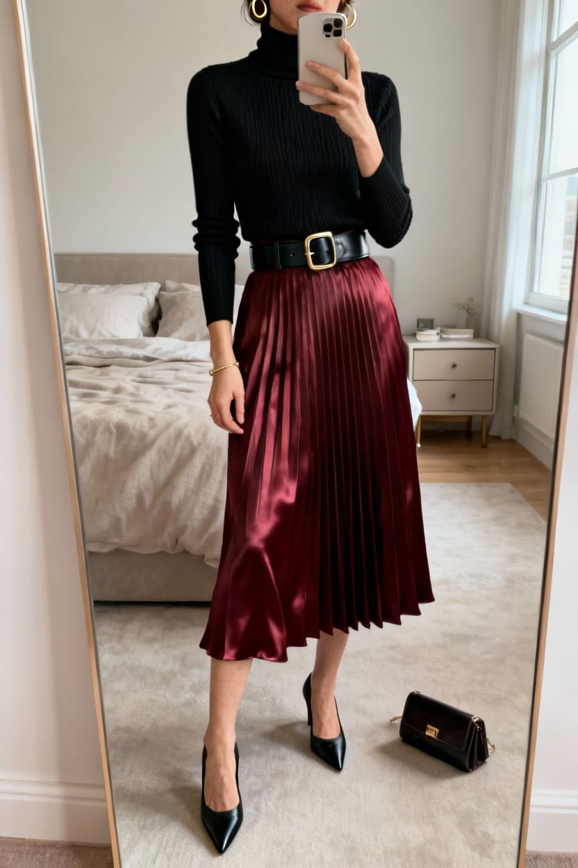 Midi Skirt with a Tucked-In Turtleneck