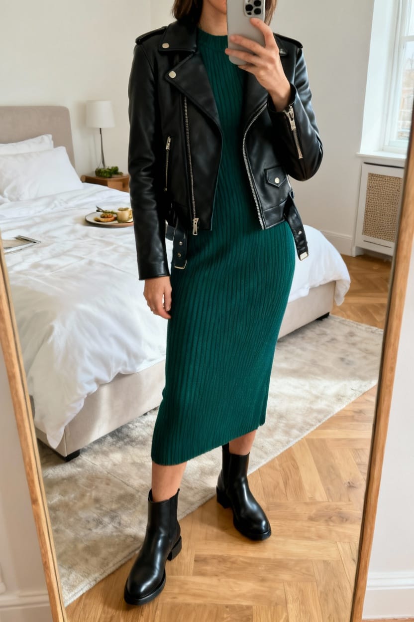 Moto Jacket + Ribbed Knit Dress + Chelsea Boots
