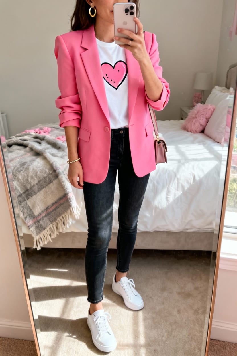 Pink Blazer Over a Graphic Tee