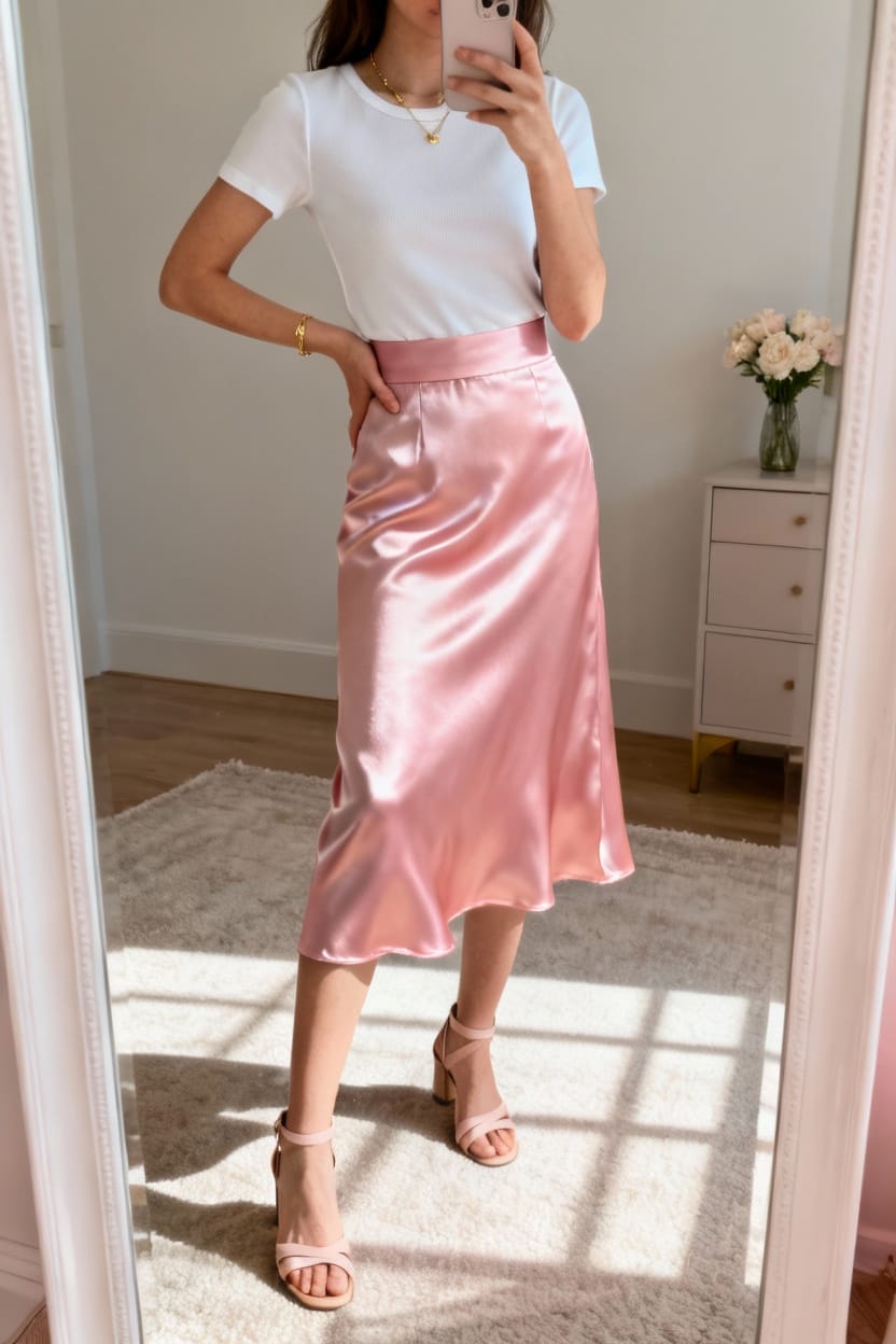 Pink Satin Midi Skirt with Fitted Top