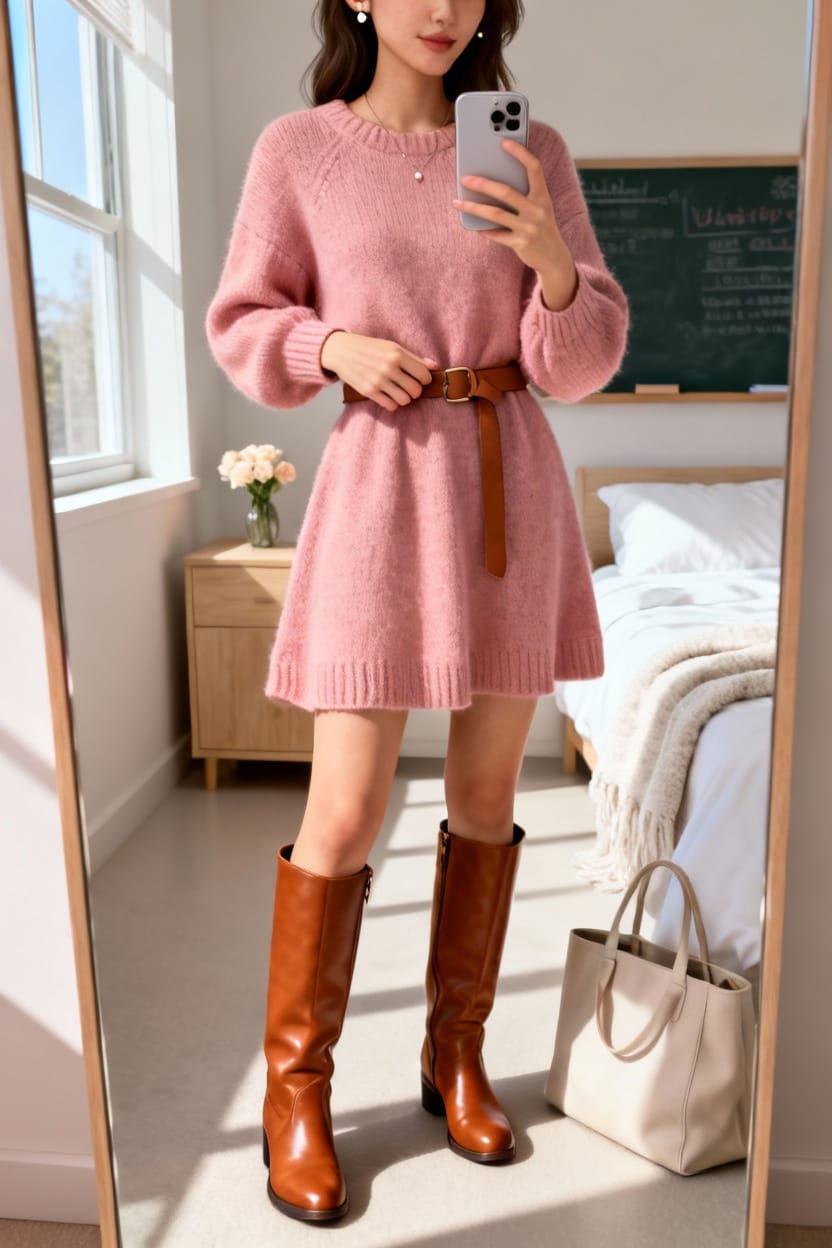 Pink Sweater Dress with Knee-High Boots