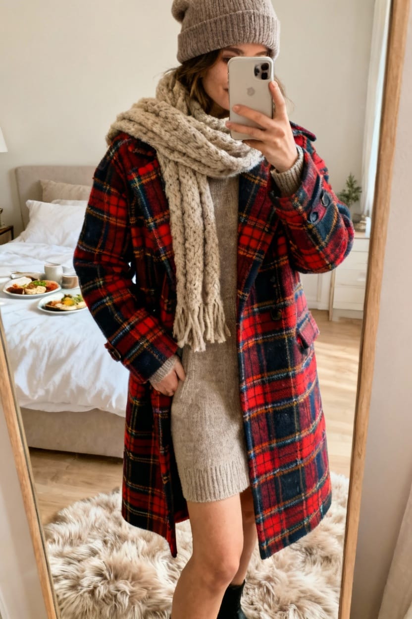 Plaid Coat + Beanie
