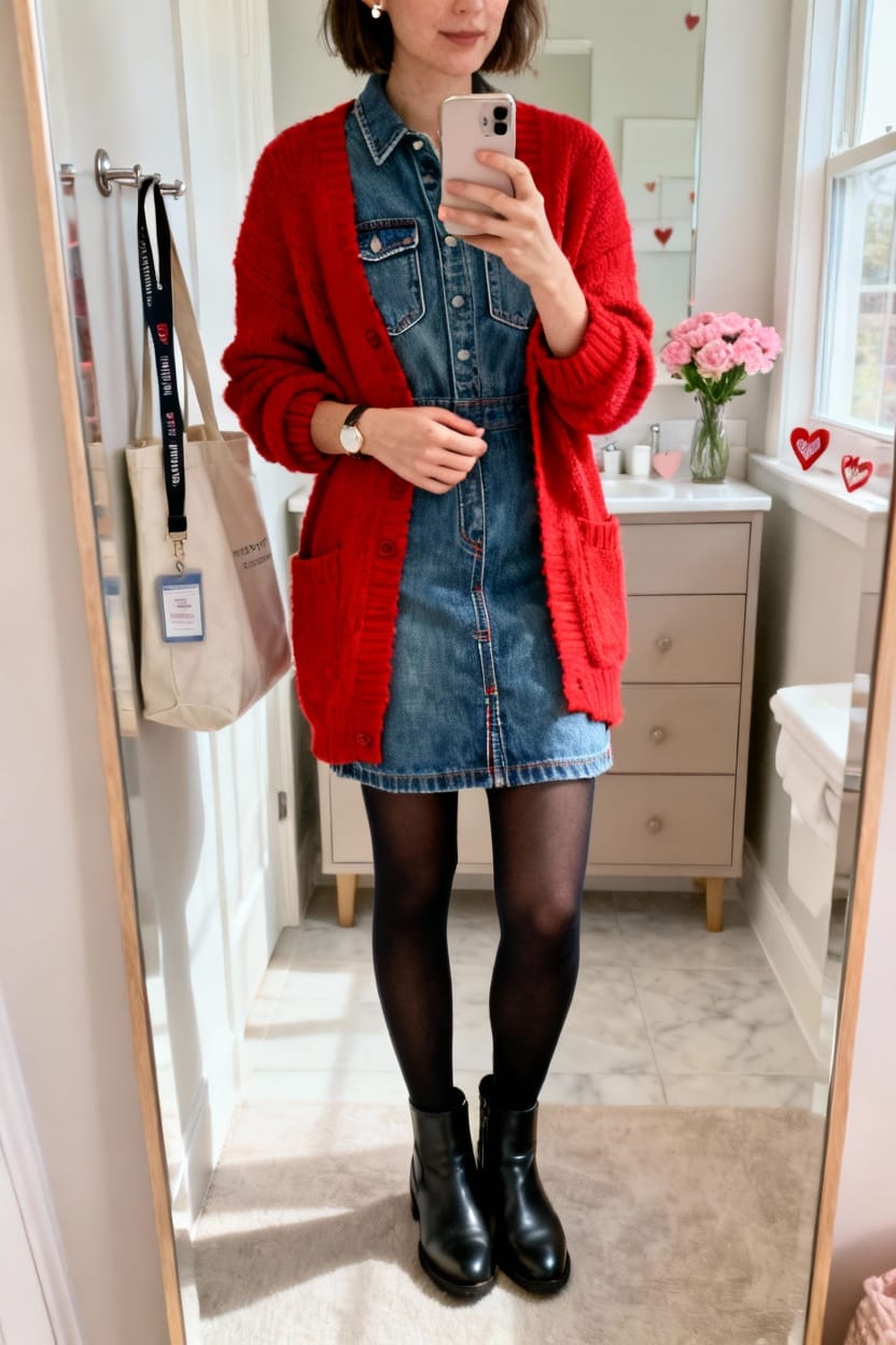 Red Cardigan and Denim Dress