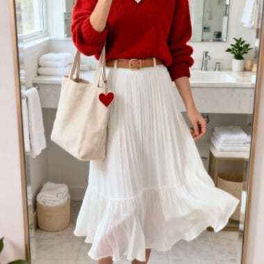 Red Sweater and White Midi Skirt