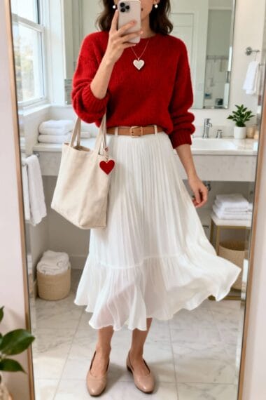Red Sweater and White Midi Skirt