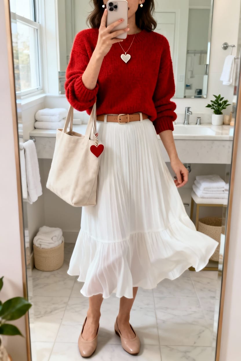 Red Sweater and White Midi Skirt