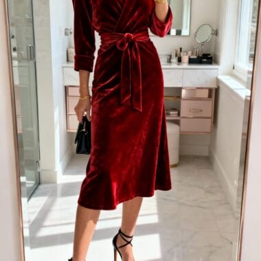 Red Velvet Wrap Dress with Strappy Heels