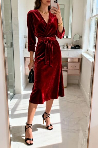 Red Velvet Wrap Dress with Strappy Heels