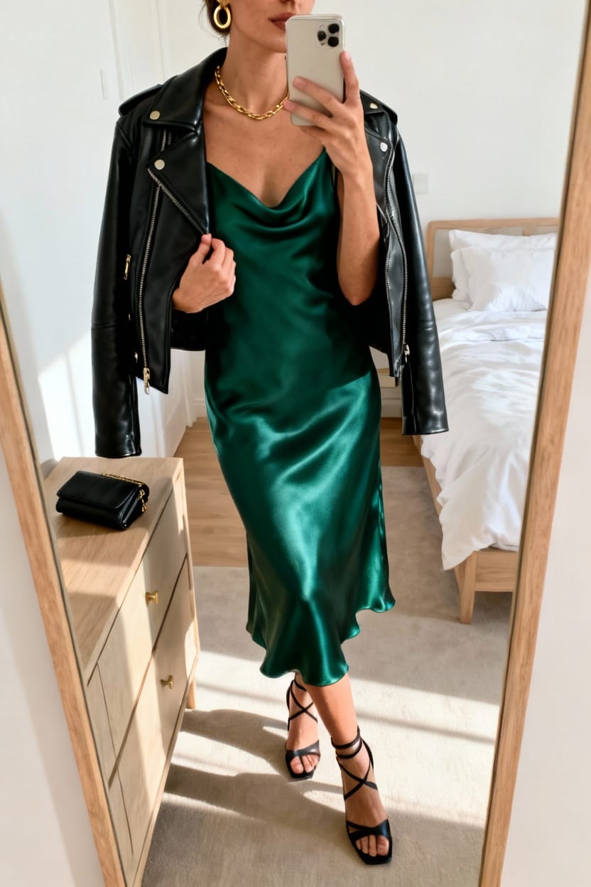 Satin Slip Dress with a Leather Jacket