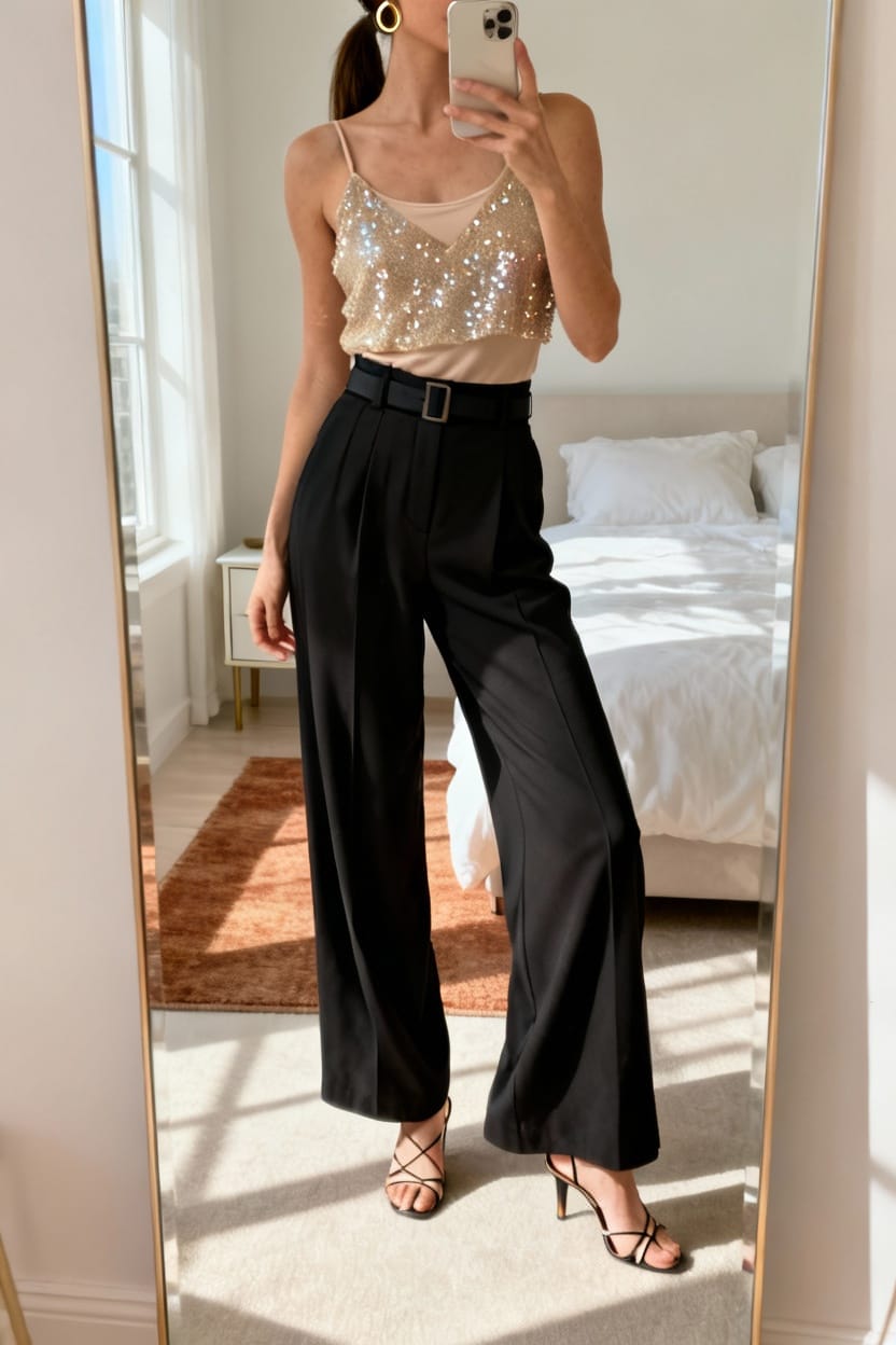 Sequin Cami with High-Waisted Trousers