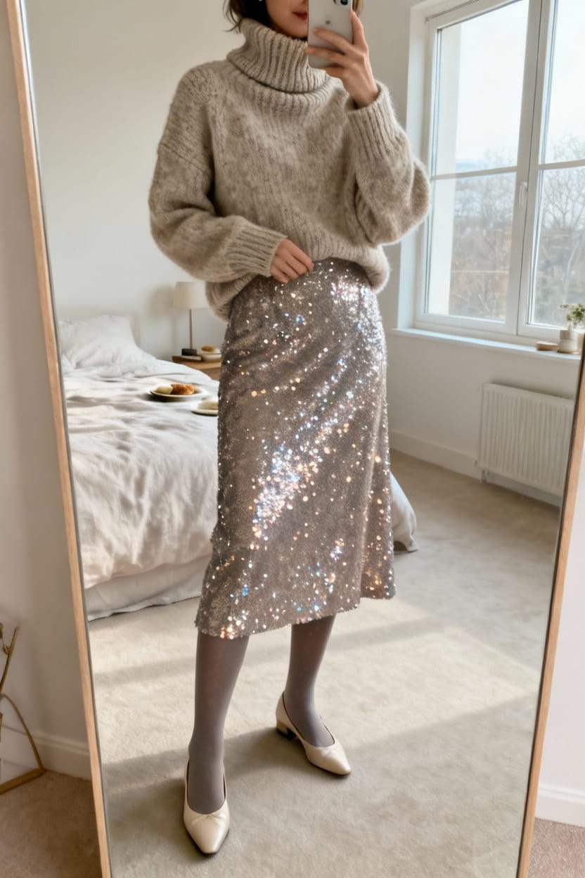 Sequin Midi Skirt + Chunky Turtleneck + Opaque Tights