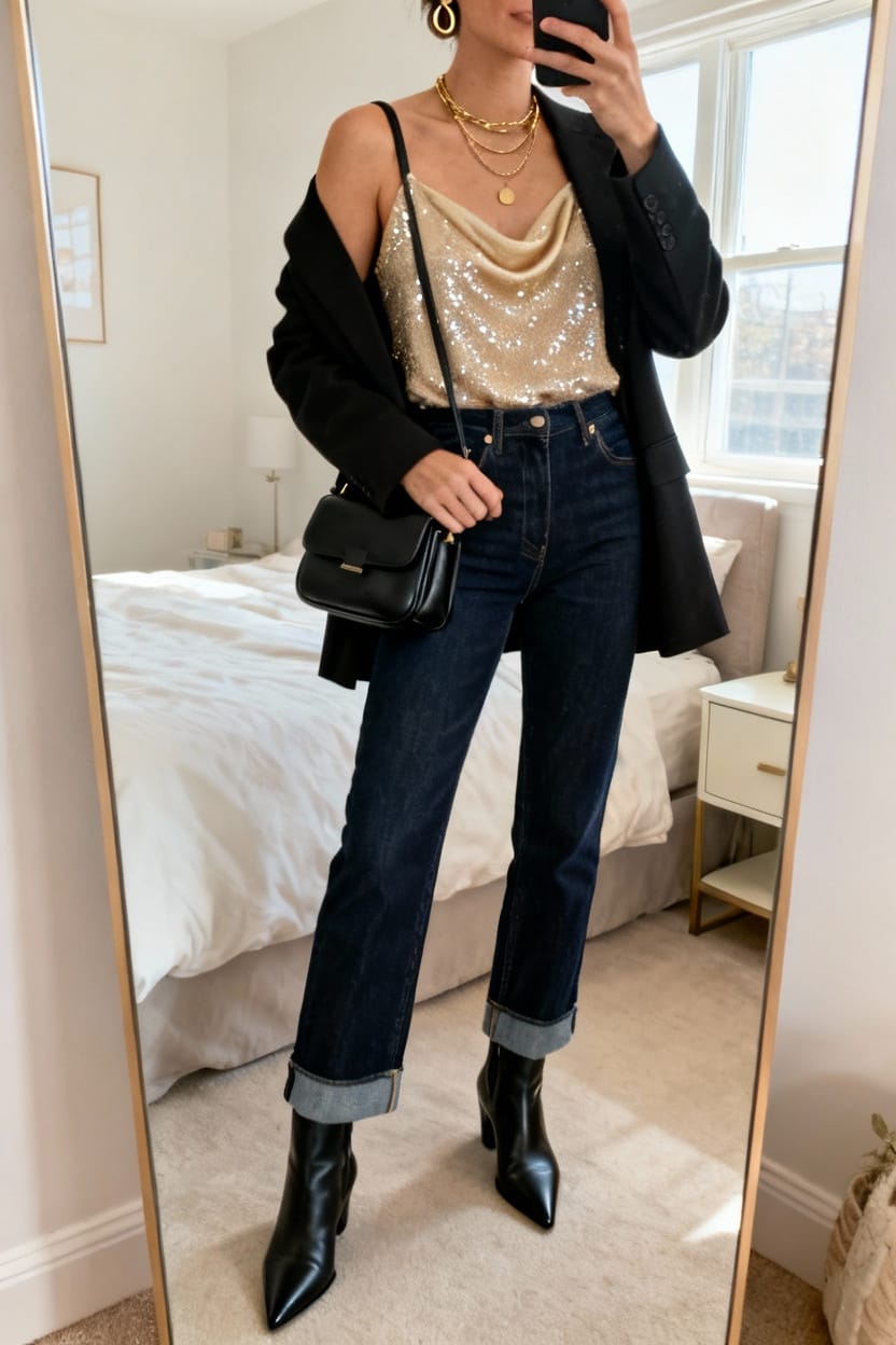 Sequin or Embellished Top with Dark Denim