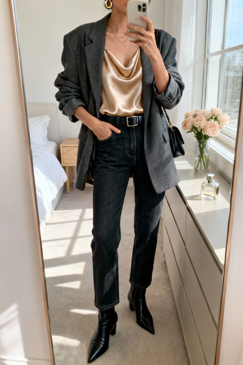 Silk Camisole Under an Oversized Blazer