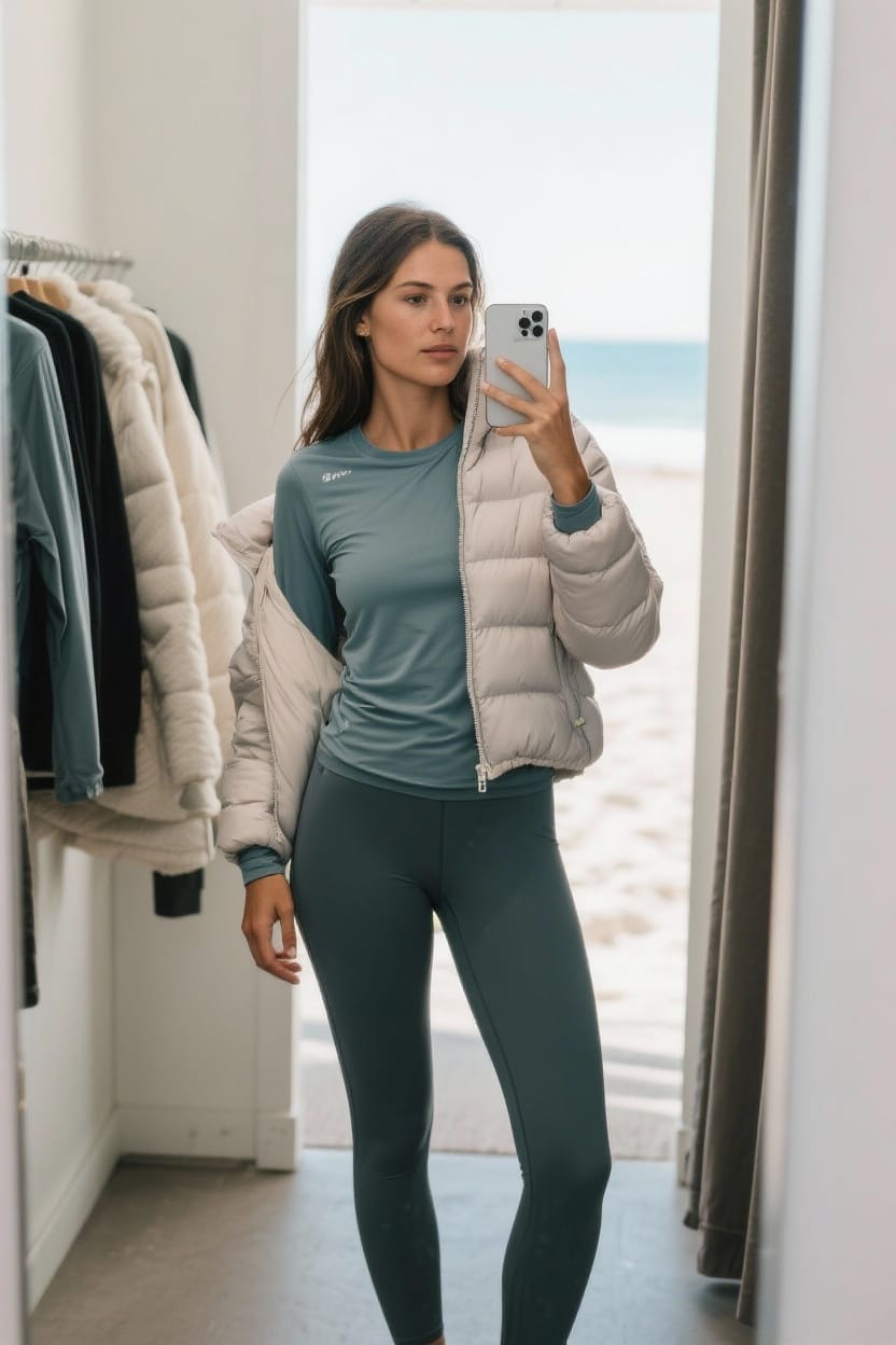 Sporty base layers with a cozy outer for active beach days