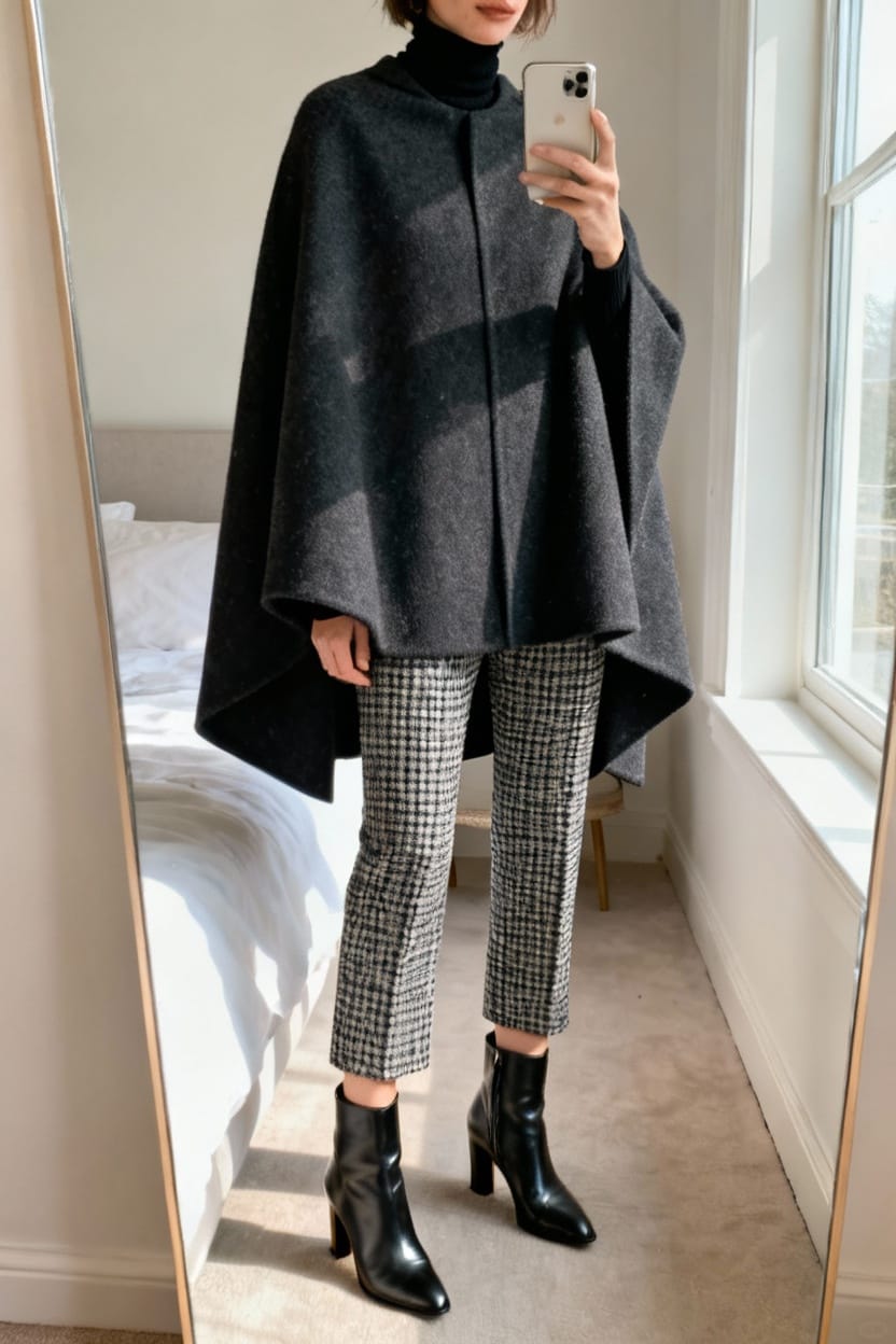 Tailored Cape + Turtleneck + Cropped Trousers