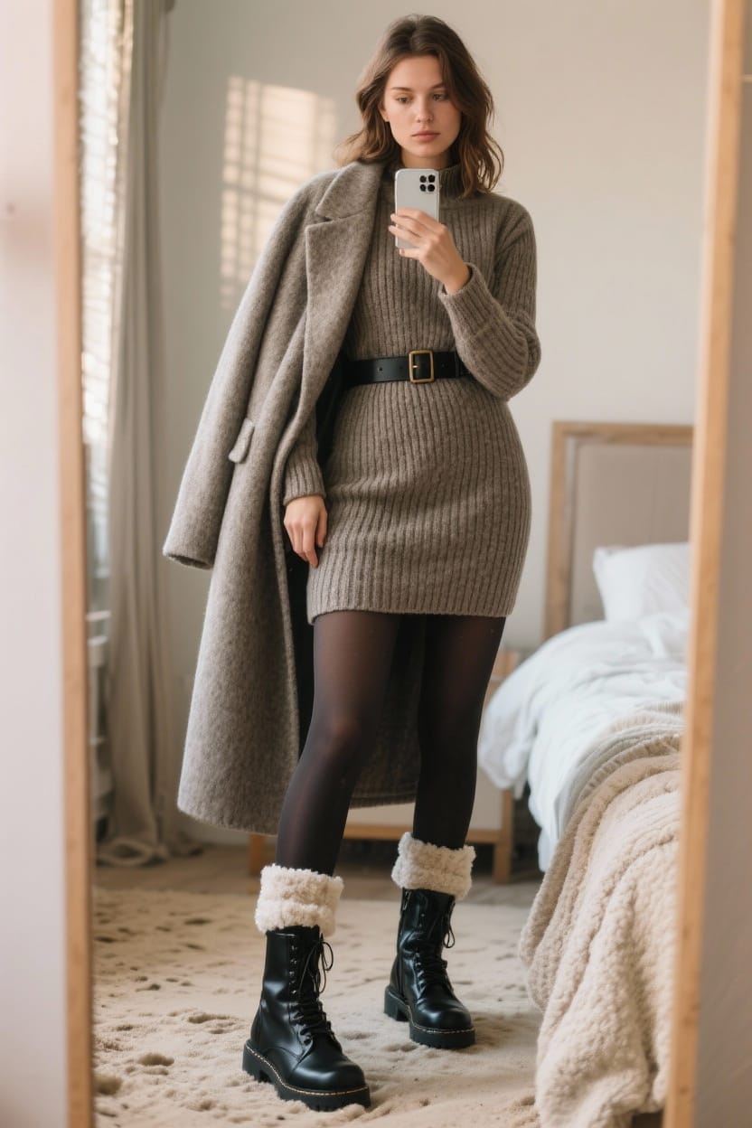 Thermal dress with tights and combat boots