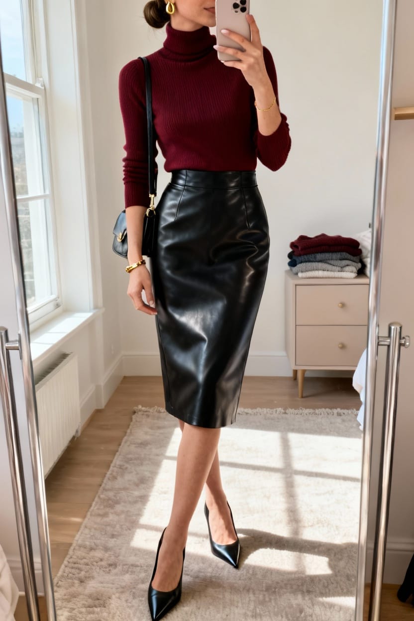 Turtleneck and Leather Pencil Skirt Combo