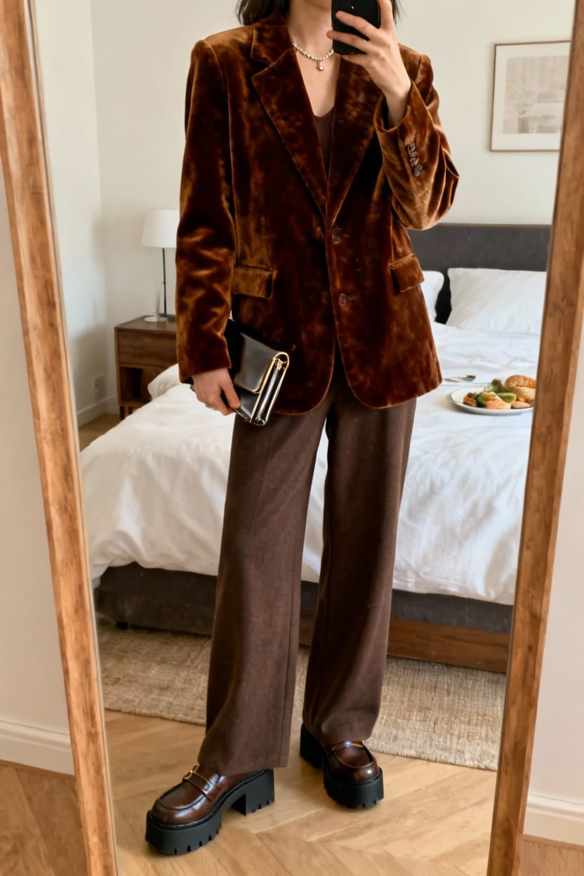 Velvet Blazer + Wide-Leg Trousers