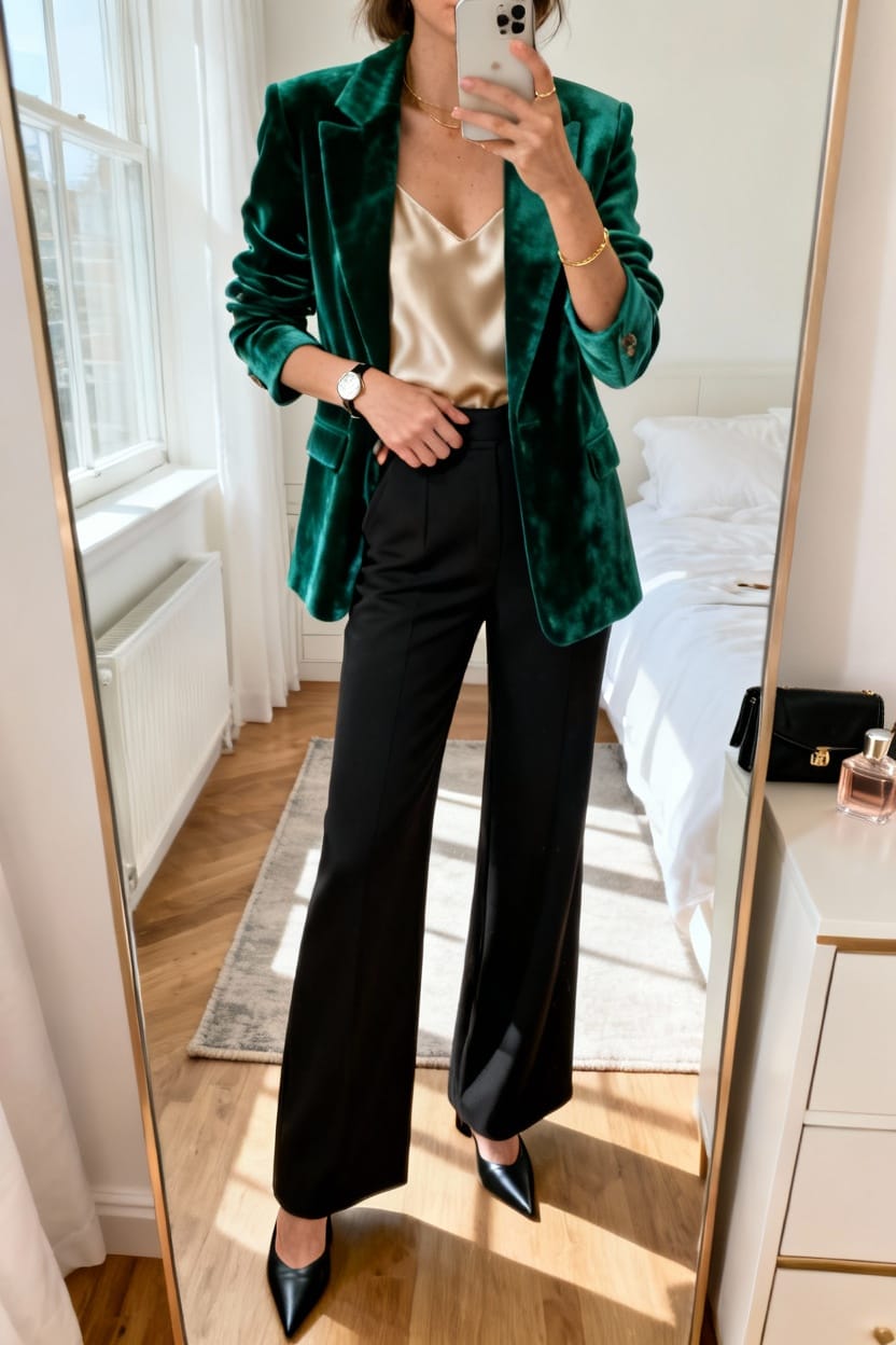 Velvet Blazer with Tailored Trousers