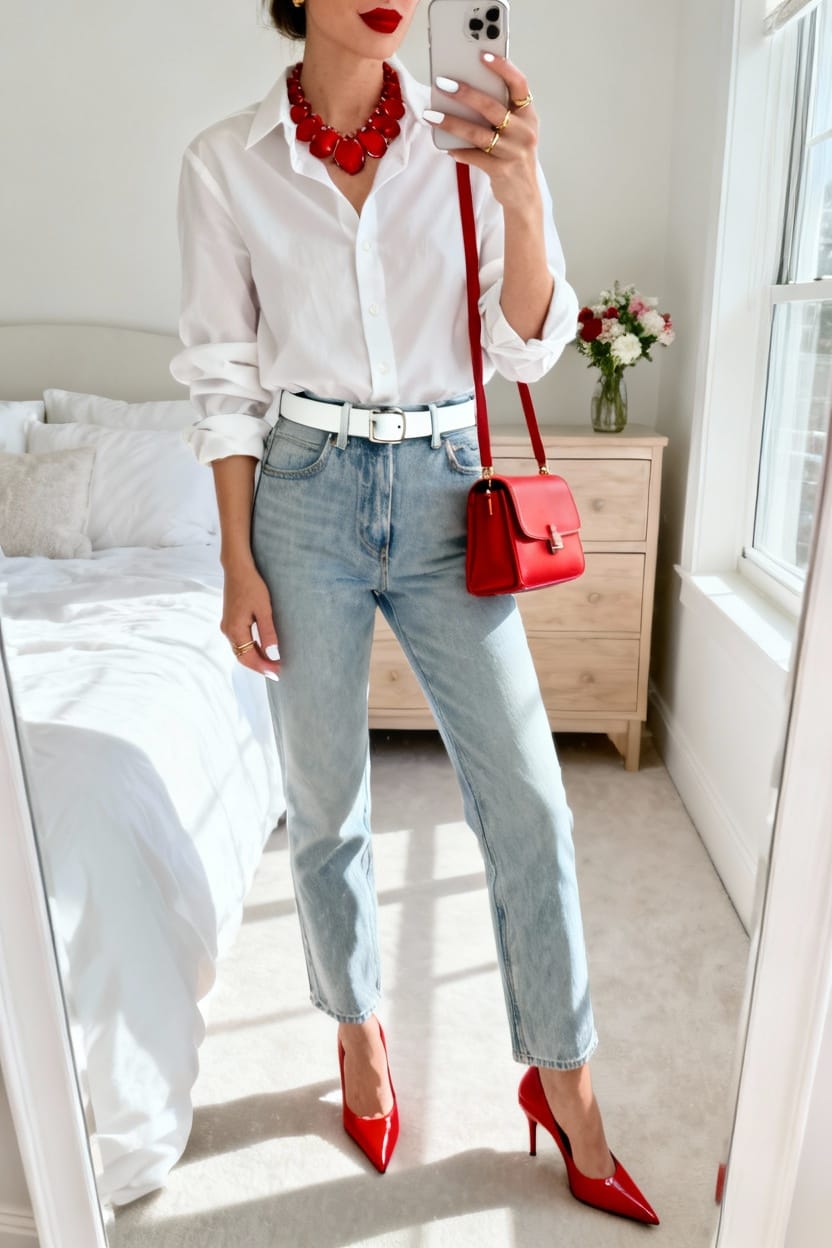 White with a Pop of Red Accessories