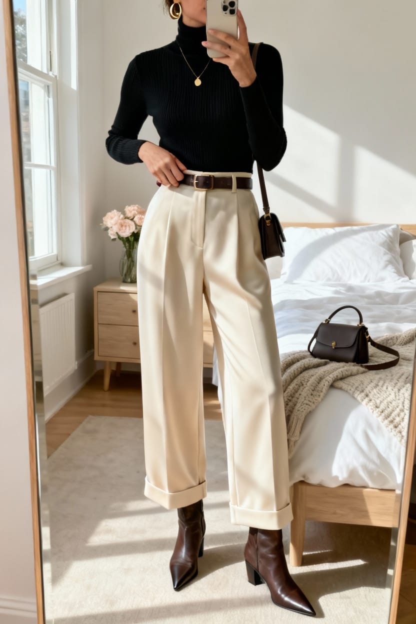 Wide-Leg Trousers with a Fitted Turtleneck