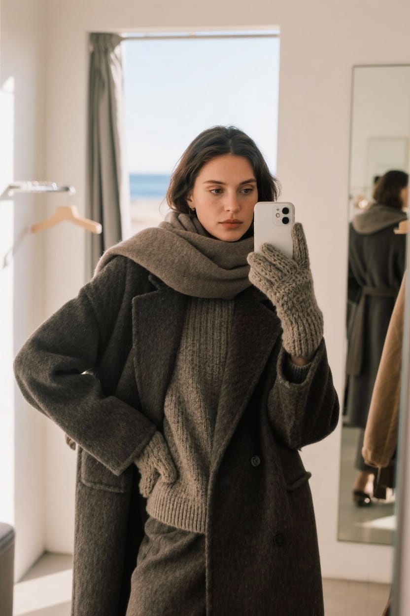 Wool coat with a scarf and layered cuffs