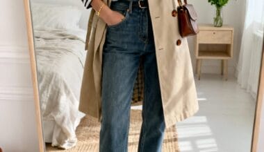 Beige Trench Coat with Striped Breton Top