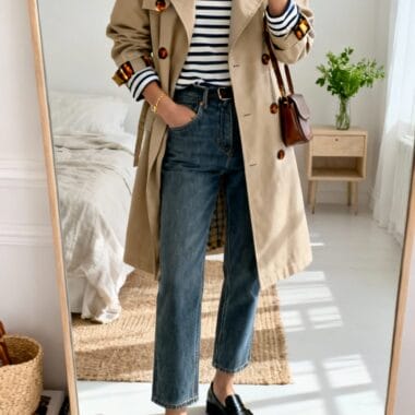 Beige Trench Coat with Striped Breton Top