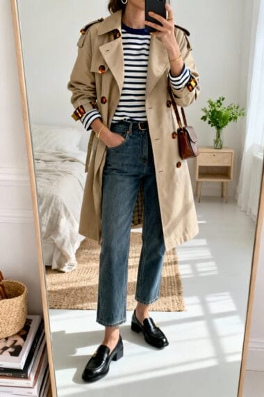 Beige Trench Coat with Striped Breton Top