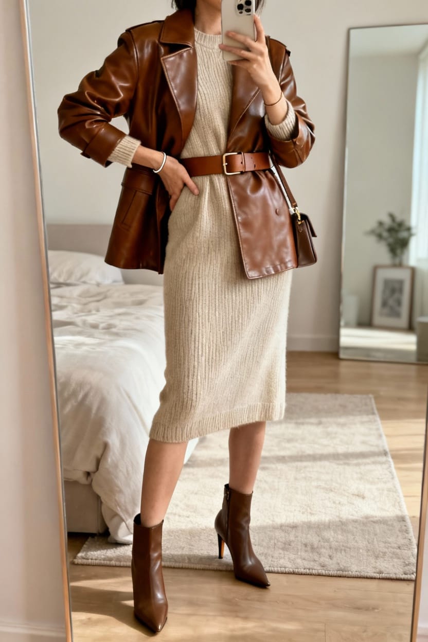 Belted Brown Leather Jacket Over Sweater Dress
