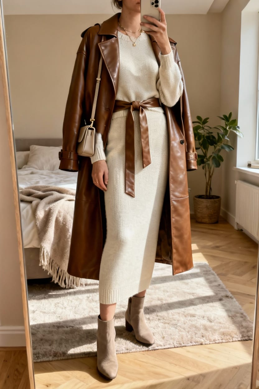Belted Leather Coat Over Monochrome Knit Set