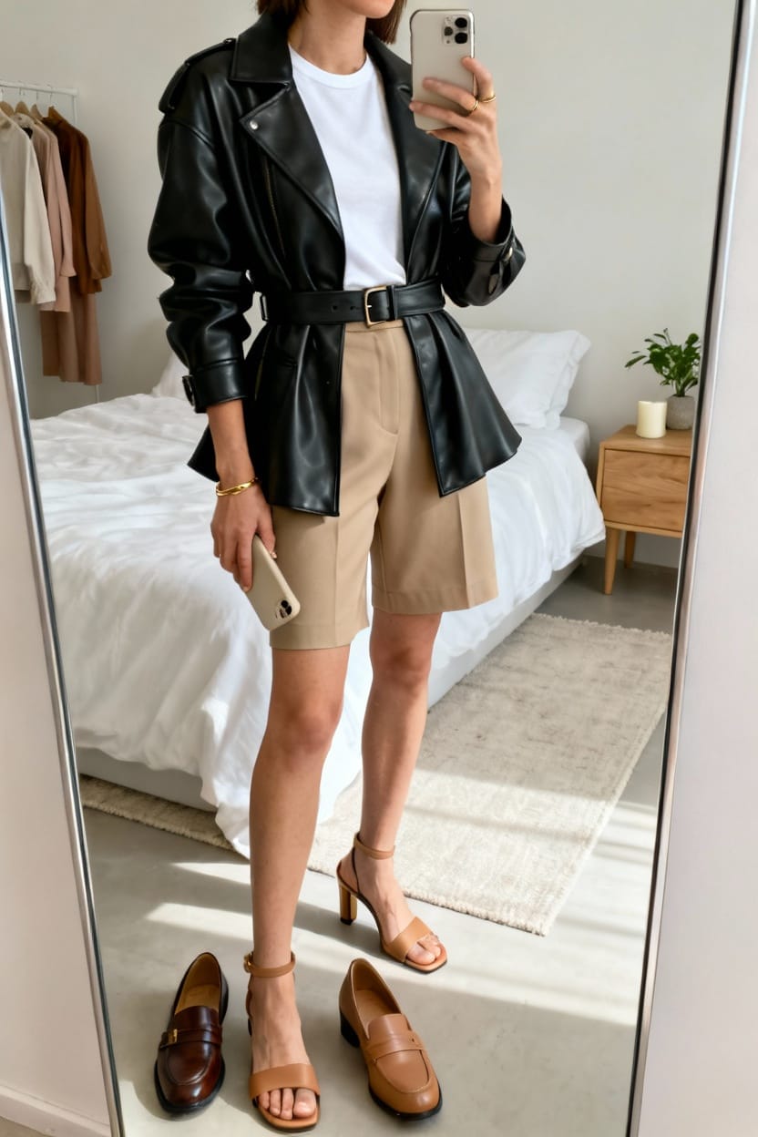 Belted Leather Jacket with Tailored Shorts