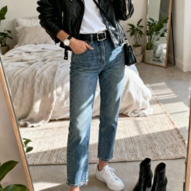 Black Leather Jacket With White Tee And Straight-Leg Jeans
