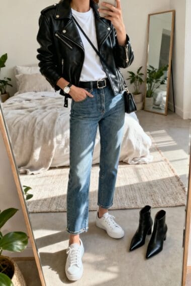 Black Leather Jacket With White Tee And Straight-Leg Jeans