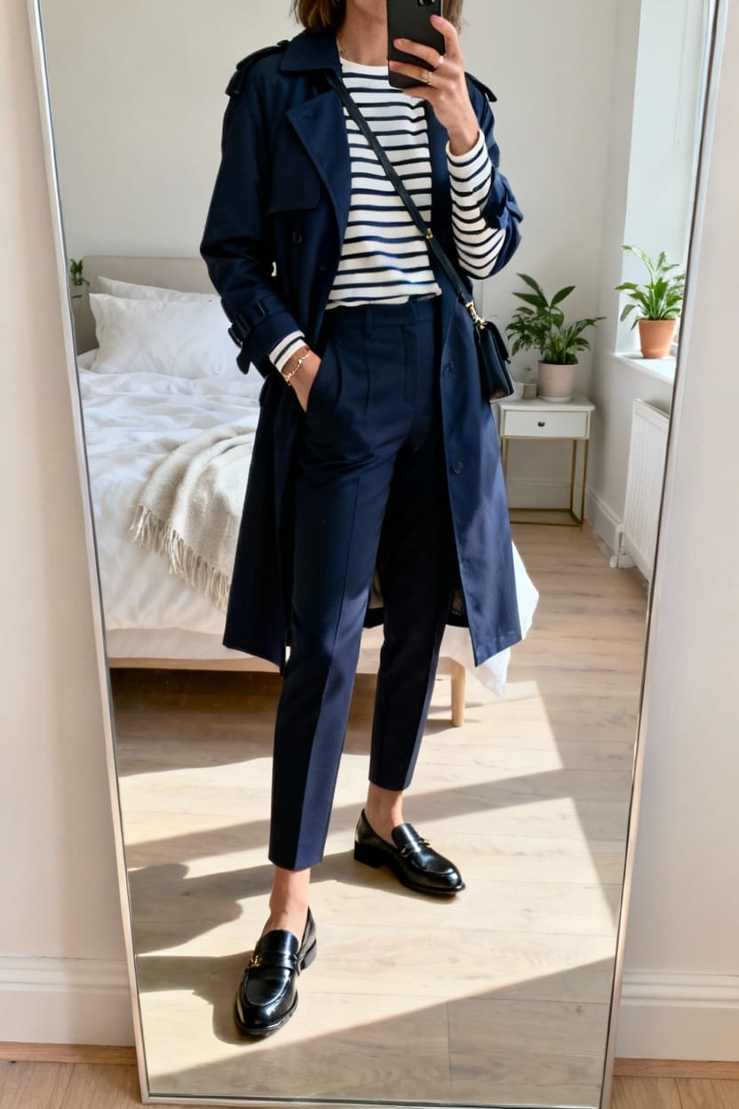 Breton Stripe Top With Navy Trench and Loafers