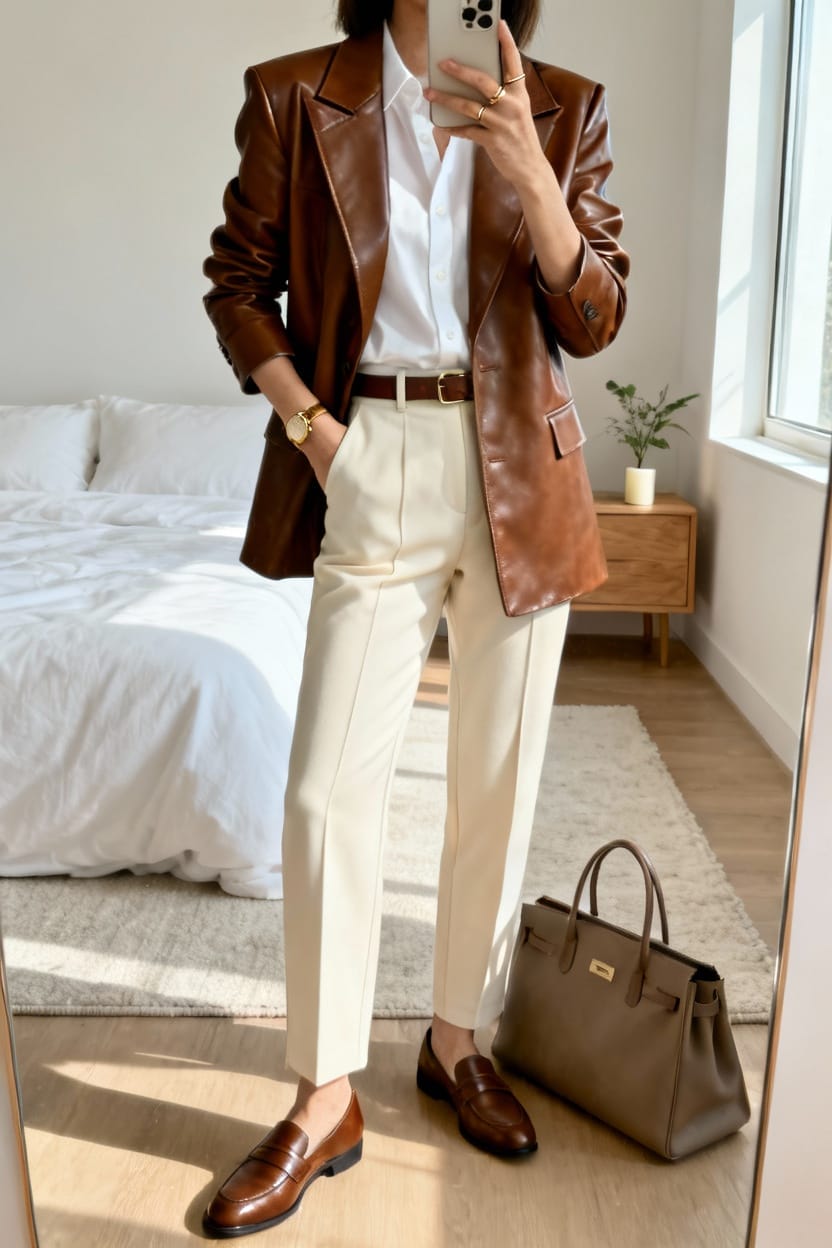 Brown Leather Blazer with Tailored Trousers