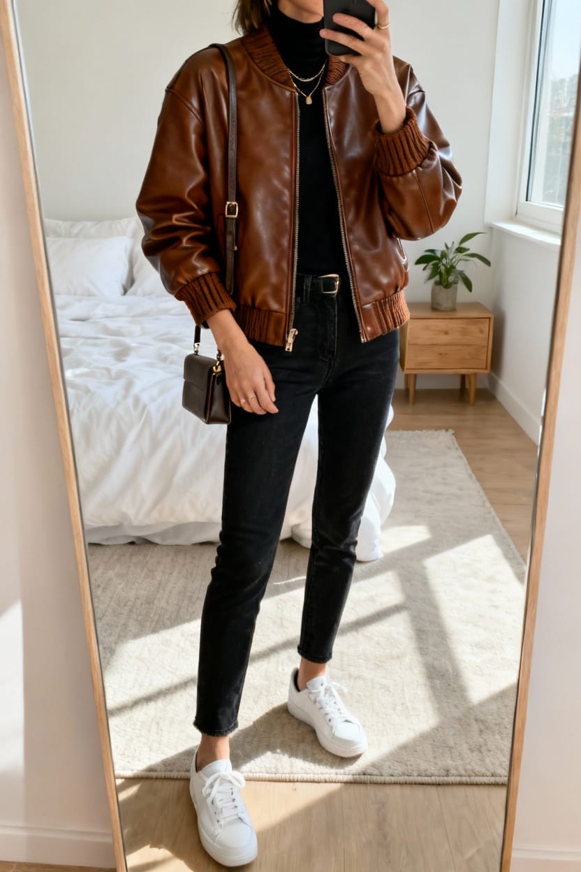 Brown Leather Bomber Jacket with Ribbed Trim