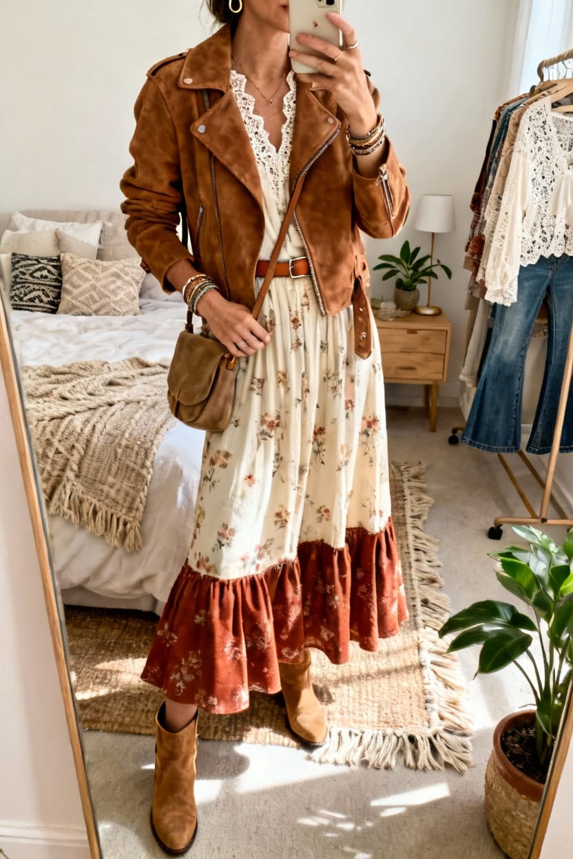 Brown Suede Leather Jacket with Boho Layers