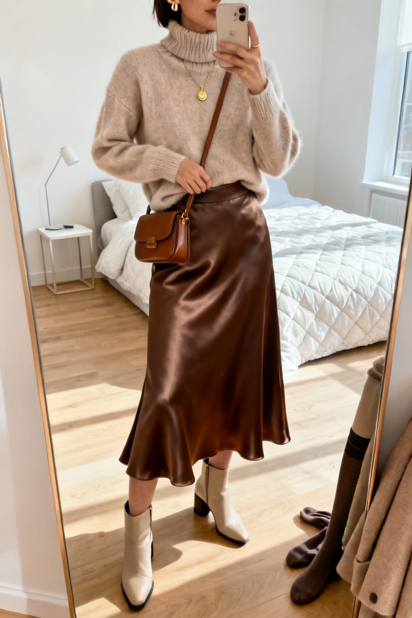 Cashmere Turtleneck With Satin Midi Skirt