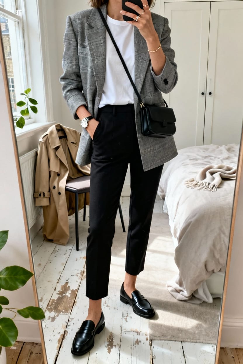Checked Blazer and Black Ankle Trousers