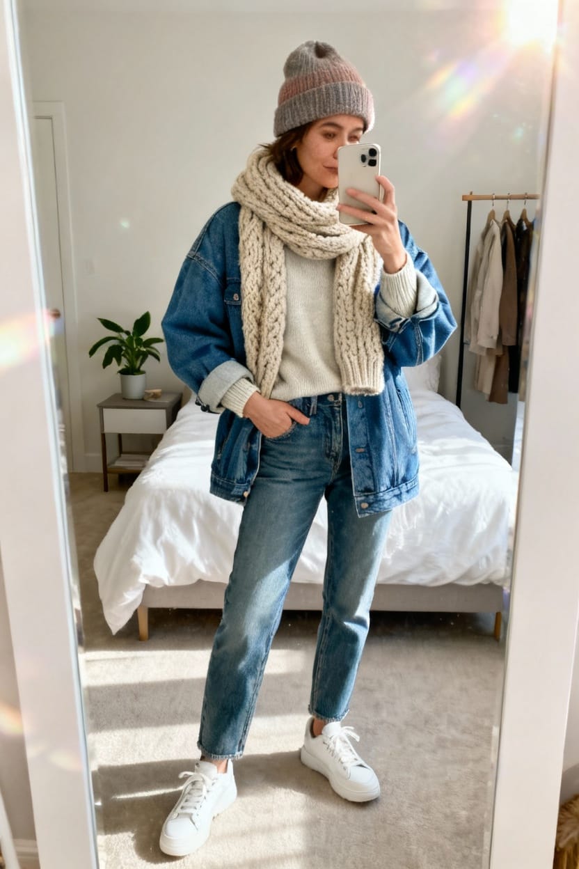 Chunky Scarf, Beanie, and Oversized Denim Jacket
