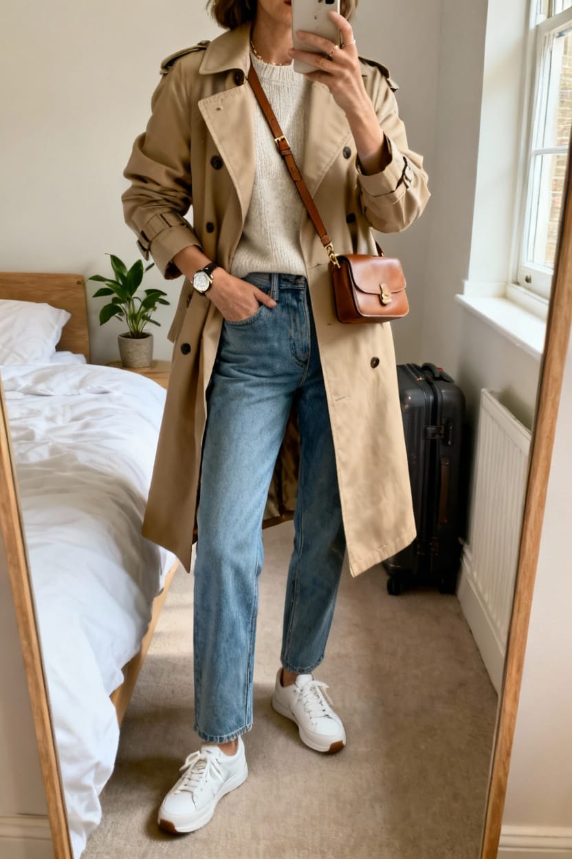 Classic Beige Trench With Straight-Leg Jeans
