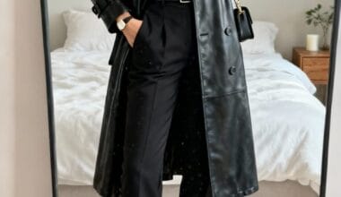Classic Black Leather Trench With Tailored Trousers