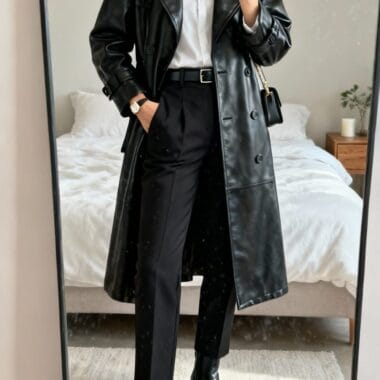 Classic Black Leather Trench With Tailored Trousers