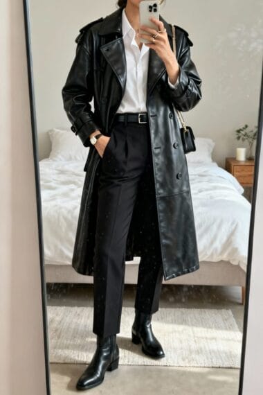 Classic Black Leather Trench With Tailored Trousers