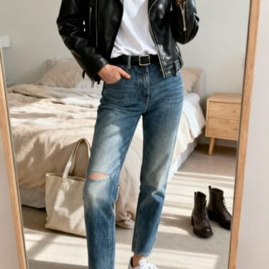 Classic Leather Jacket with White T-Shirt and Blue Jeans