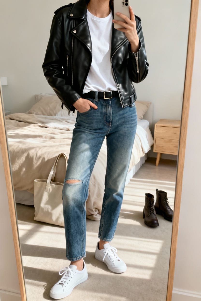 Classic Leather Jacket with White T-Shirt and Blue Jeans