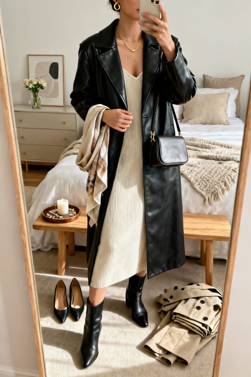 Collarless Leather Coat With Minimalist Dress